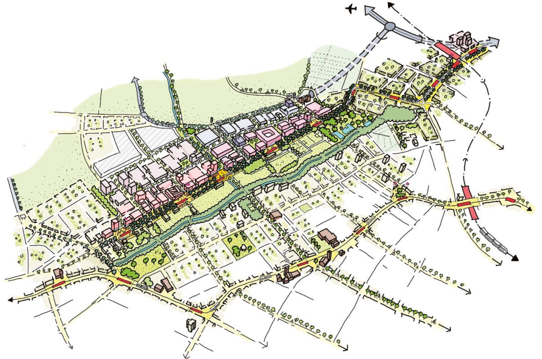 Das Zukunftsbild Bachgraben 2040 zeigt, wie das Arbeitsgebiet auf dem Basellink-Areal städtebaulich gestaltet und eingebunden werden soll. Quelle: Van de Wetering Städtebau
