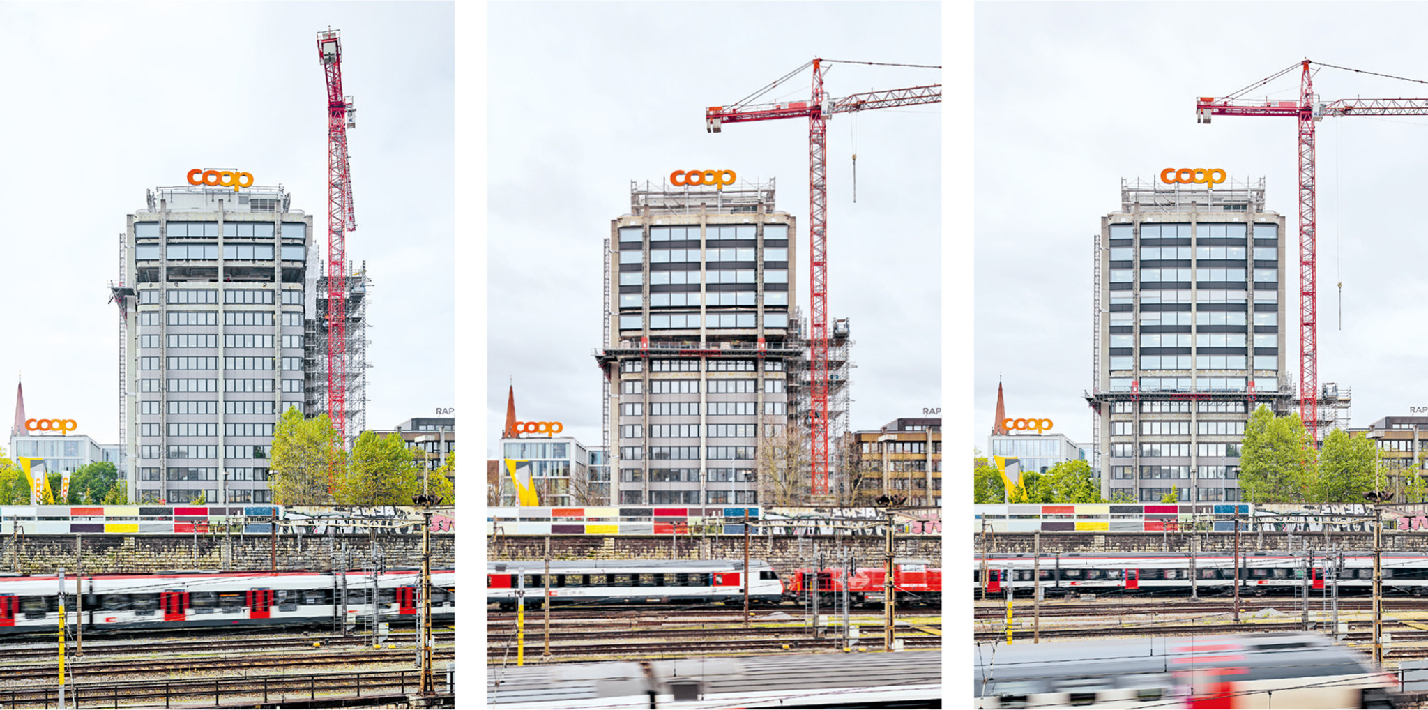 Bei der Sanierung des Coop-Hauptsitzes von 1978 konnte man den Wechsel der Fassade von oben nach unten schön verfolgen. Fotos: Mark Niedermann