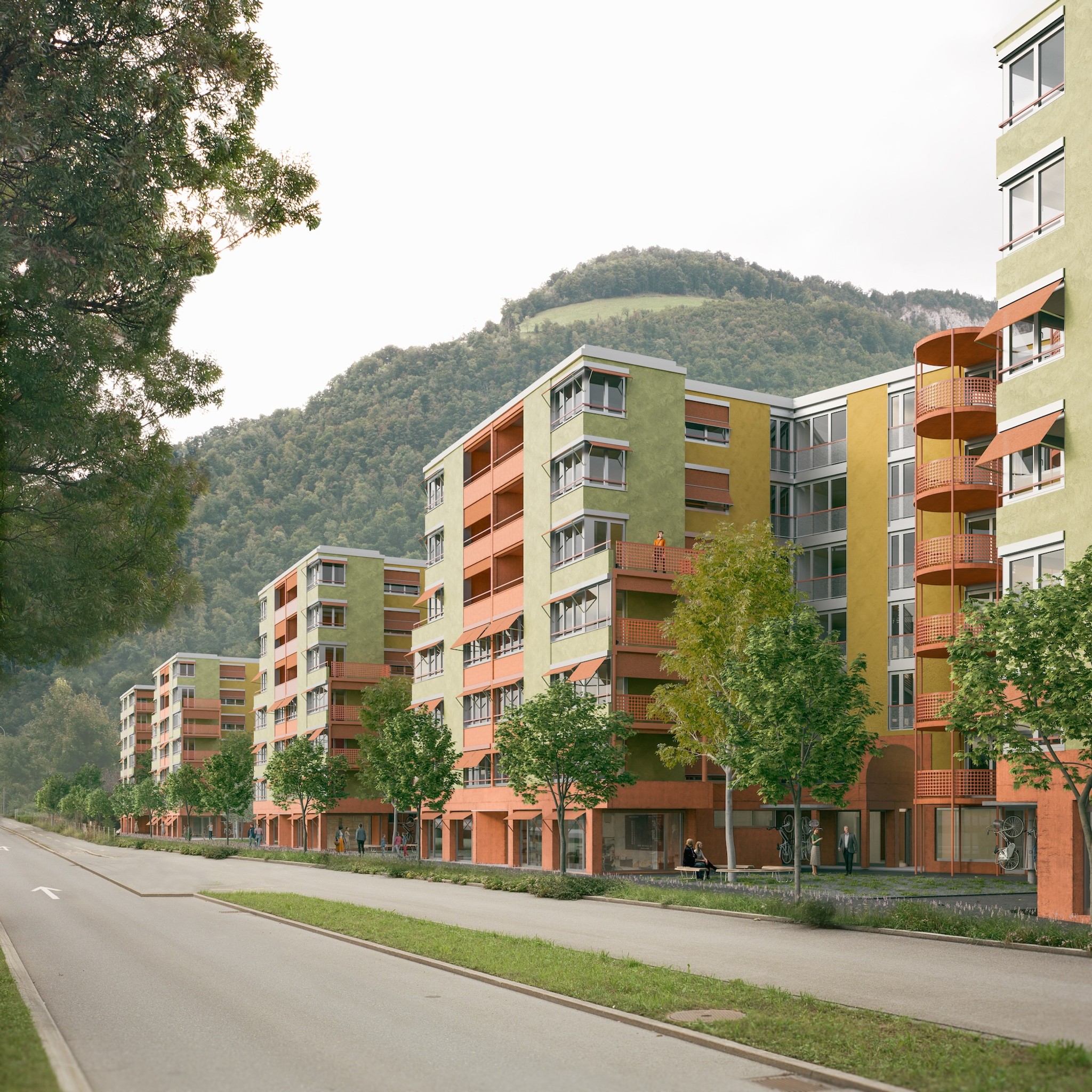 Die Grossform von Studio Sintzel erscheint zur Strasse hin als Reihe von Kopfbauten. Visualisierung: Studio Maleta