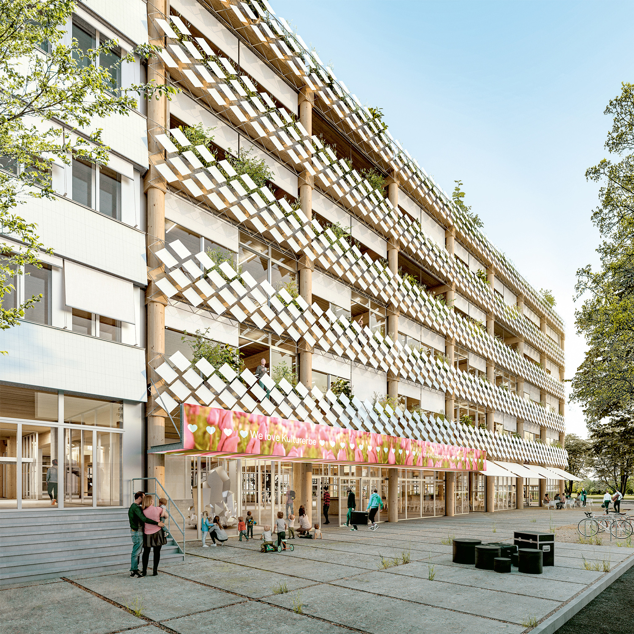 Links der integrierte Bestand, rechts der Neubauteil aus Holz, in dem sich die grosse Foyerhalle befindet. Visualisierung: Studio Burkhardt / Lucas Michael Architektur