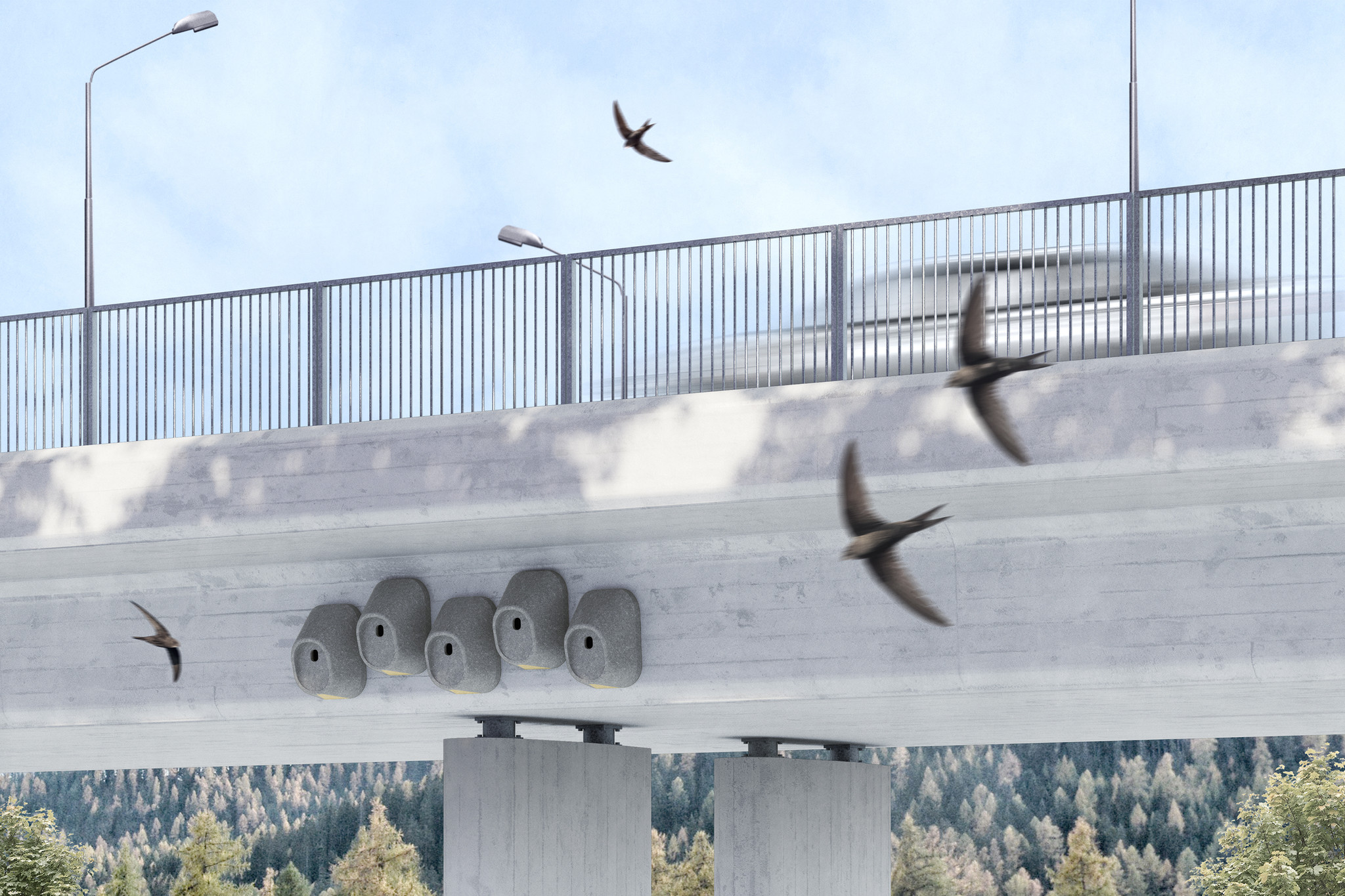 Weil die moderne Architektur gewissen Vogelarten das Brüten erschwert, schlägt «Obru» Nisthilfen an Betonbrücken vor. Rendering: Louis Gervais