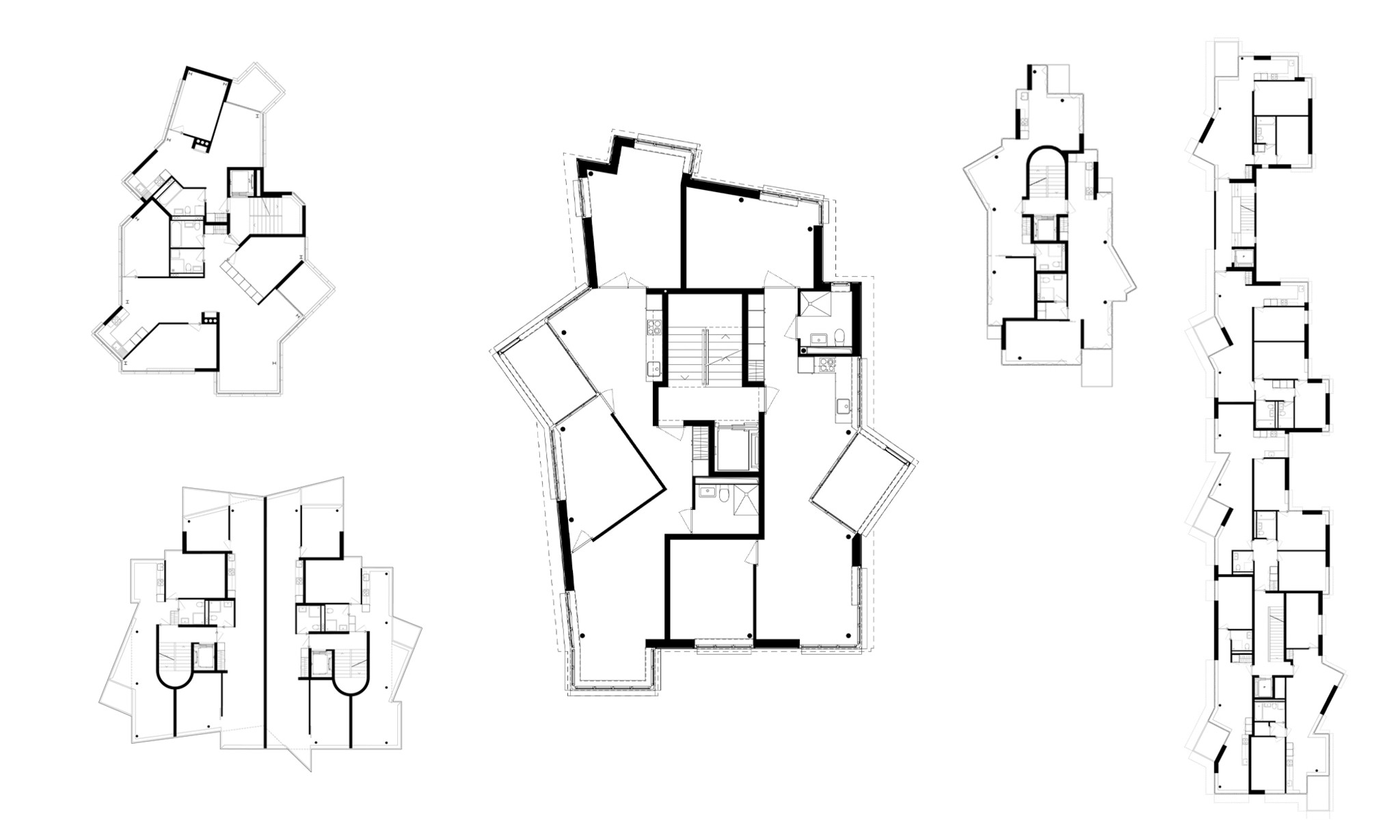 Ein Grundriss und seine Verwandten: Regelgeschoss des ‹Quirky House› in Zürich-Höngg (M.), Wohnhaus am Sennhauserweg (o.l.), Neubau Nordstrasse 174, Zürich (o.r.), Wohnhaus Milchbuckstrasse, Zürich (u.r.) Ersatzneubau Wechselwiesenstrasse (ganz rechts)