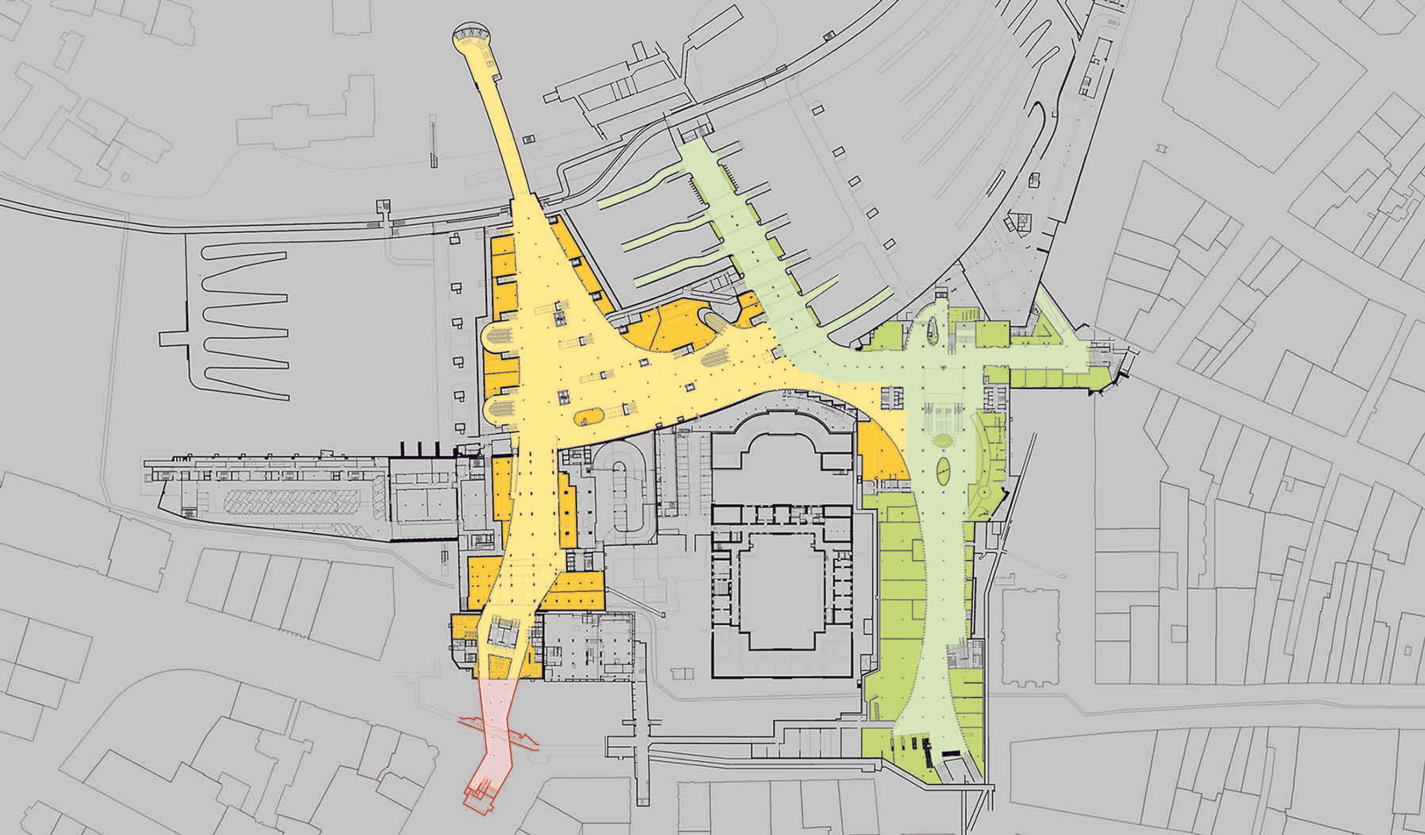 Bahnhof Bern, 1. Untergeschoss. Grün: bestehend. Gelb: im Bau. Rot: Abstimmungsprojekt.