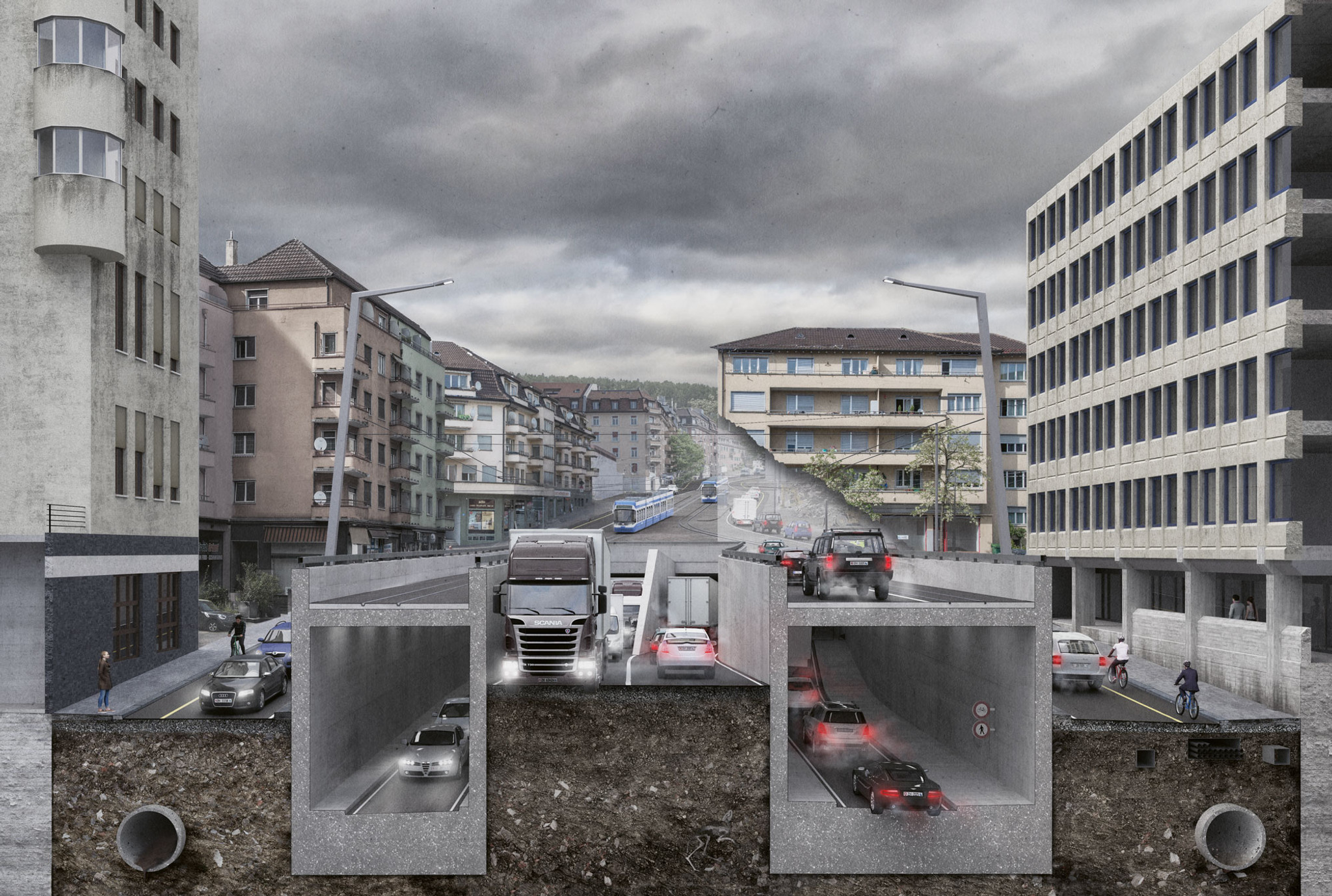 Vier Tunneleinfahrten, zwei Auf- und Abfahrten für Tram und Autos. (Visualisierung Nightnurse Images)