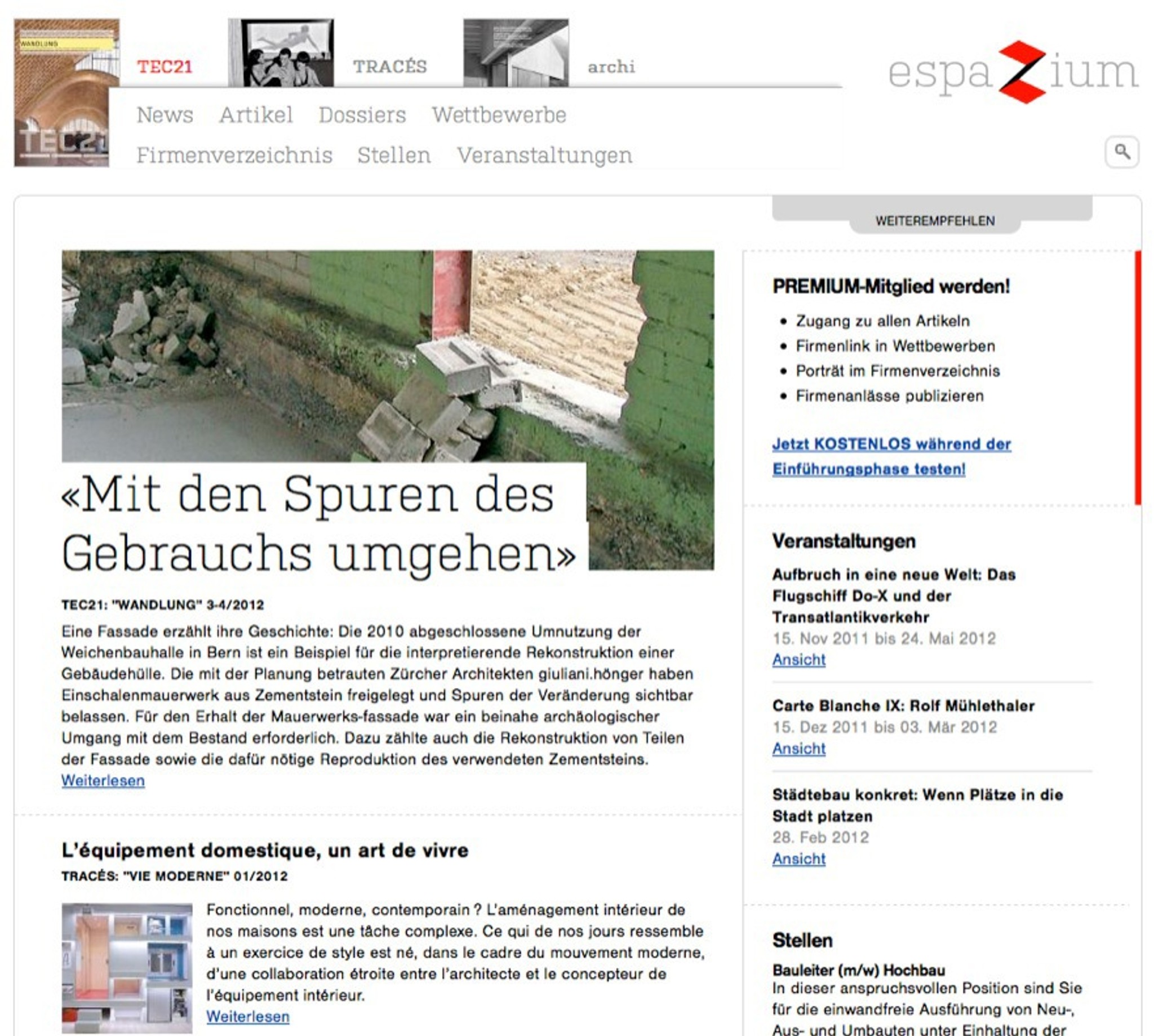 So sieht die Homepage von espazium.ch aus.