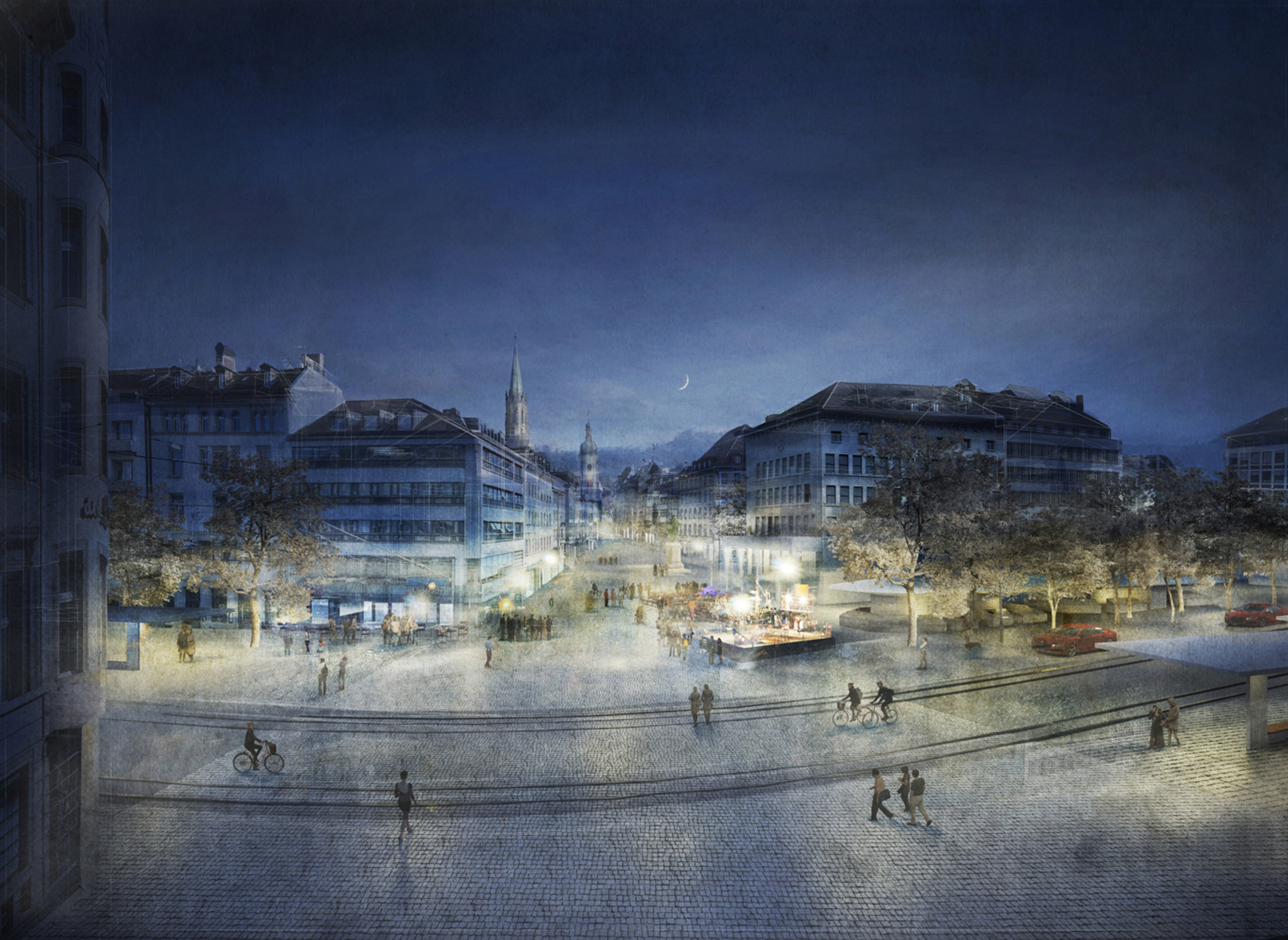 Blick in die nächtliche Marktgasse zum Klosterbezirk, rechts der Marktplatz, links angeschnitten der Bohl