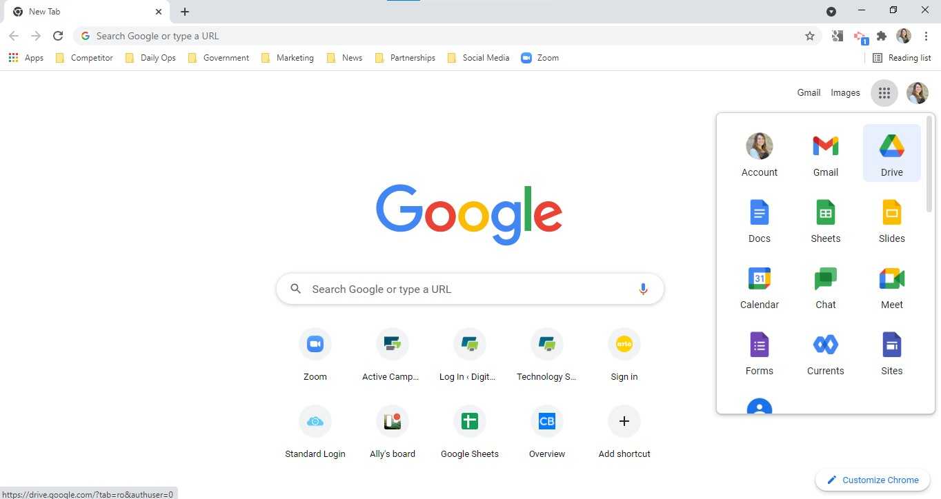 Navigating to Google Drive on Chrome