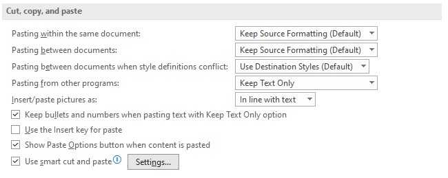 Cut Copy Paste Settings Microsoft Word