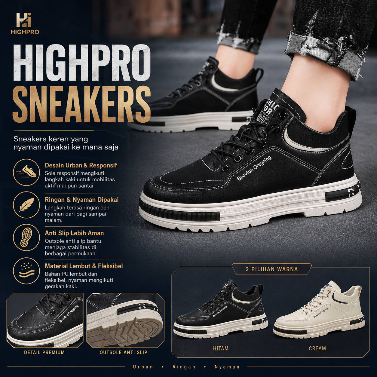 Sepatu Aeroforce tampak depan warna hitam