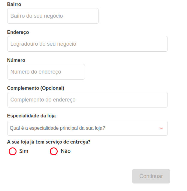 tela pedindo informações da loja