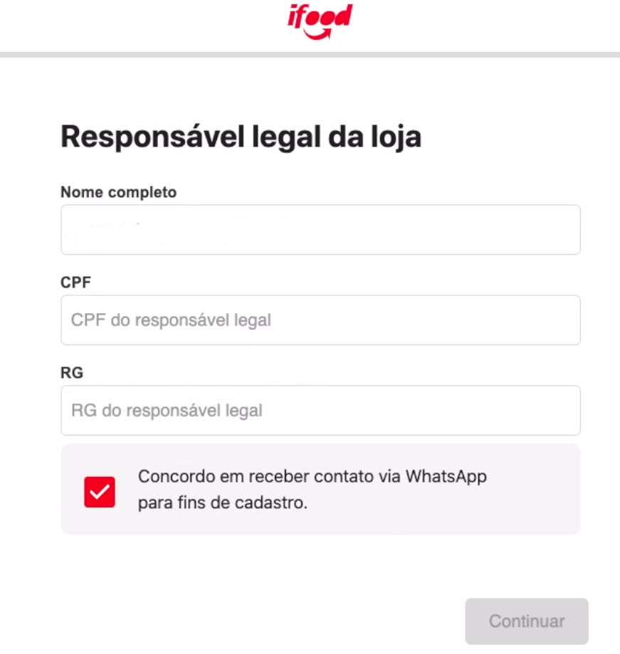 Tela pedidno informações do responsável