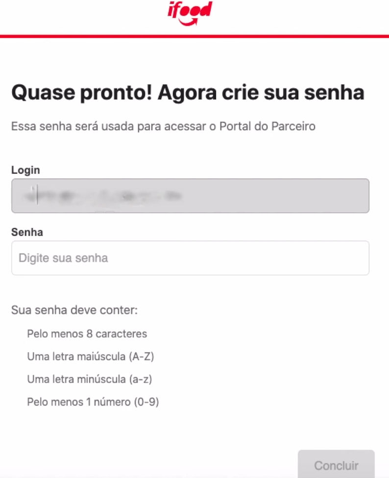 tela pedindo o cadastro da senha