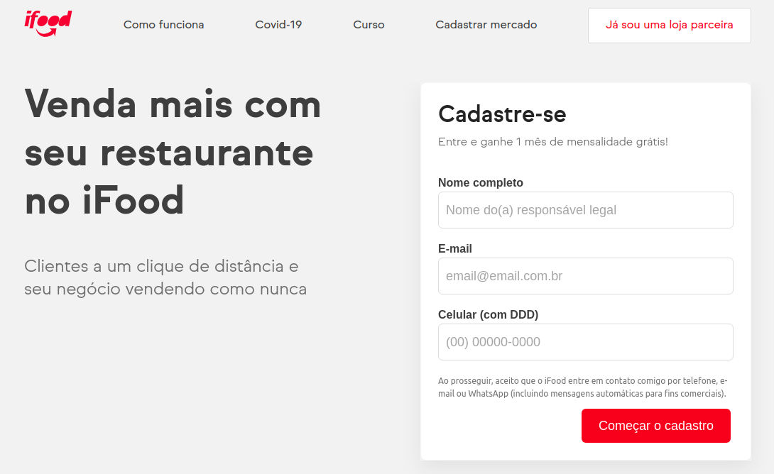 Tela inicial de cadastro