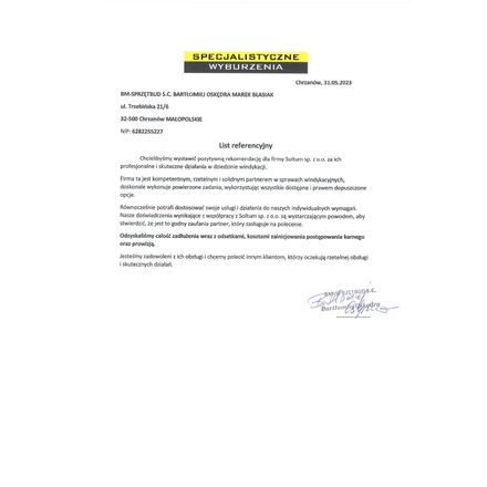 Rekomendacja wystawiona dla firmy SOLTUM SPÓŁKA Z OGRANICZONĄ ODPOWIEDZIALNOŚCIĄ
