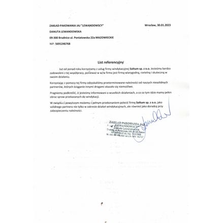 Rekomendacja wystawiona dla firmy SOLTUM SPÓŁKA Z OGRANICZONĄ ODPOWIEDZIALNOŚCIĄ