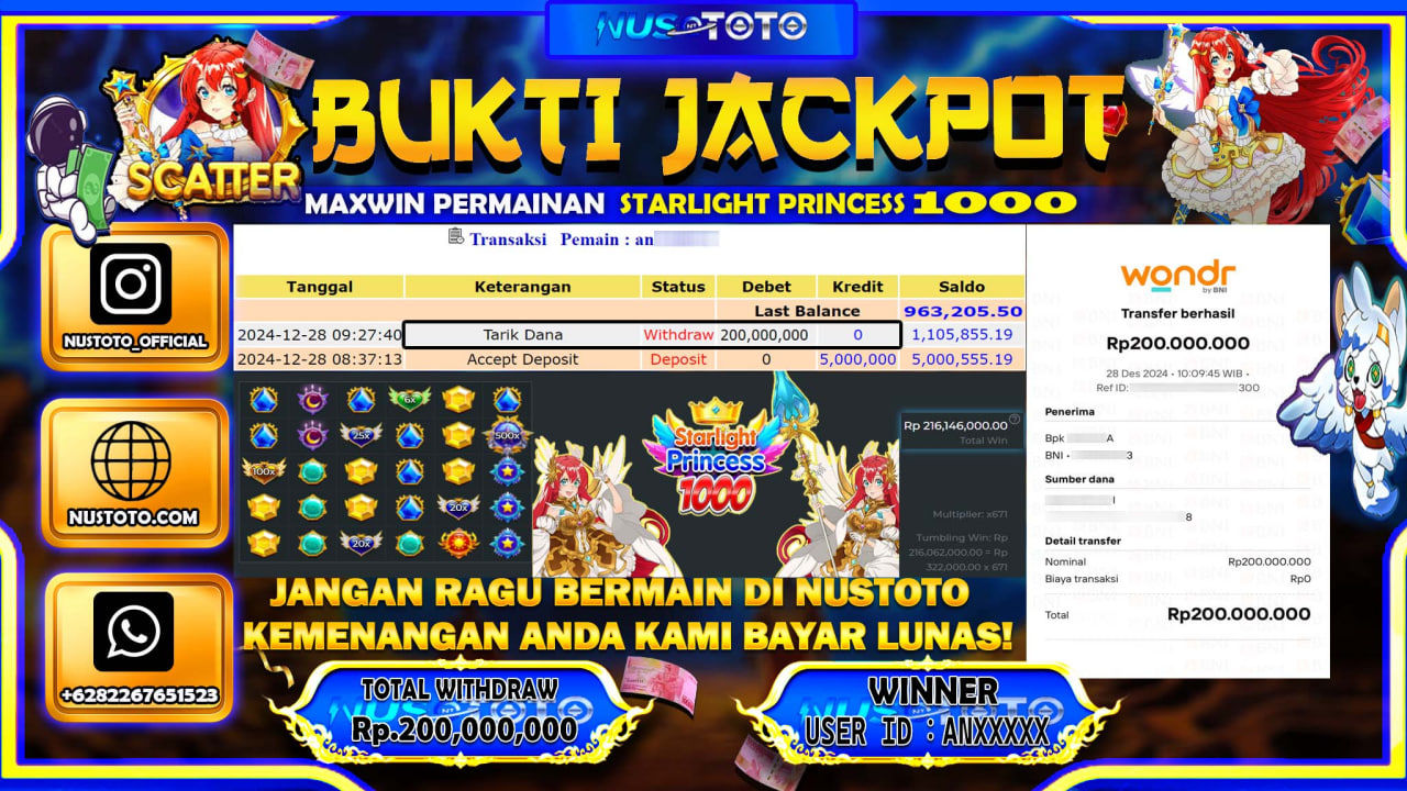 JACKPOT !! MENANG BESAR DI SLOT GAMES STARLIGHT PRINCESS  1000 Rp. 200.000.000 LANGSUNG DI BAYAR LUNAS NUSTOTO !!