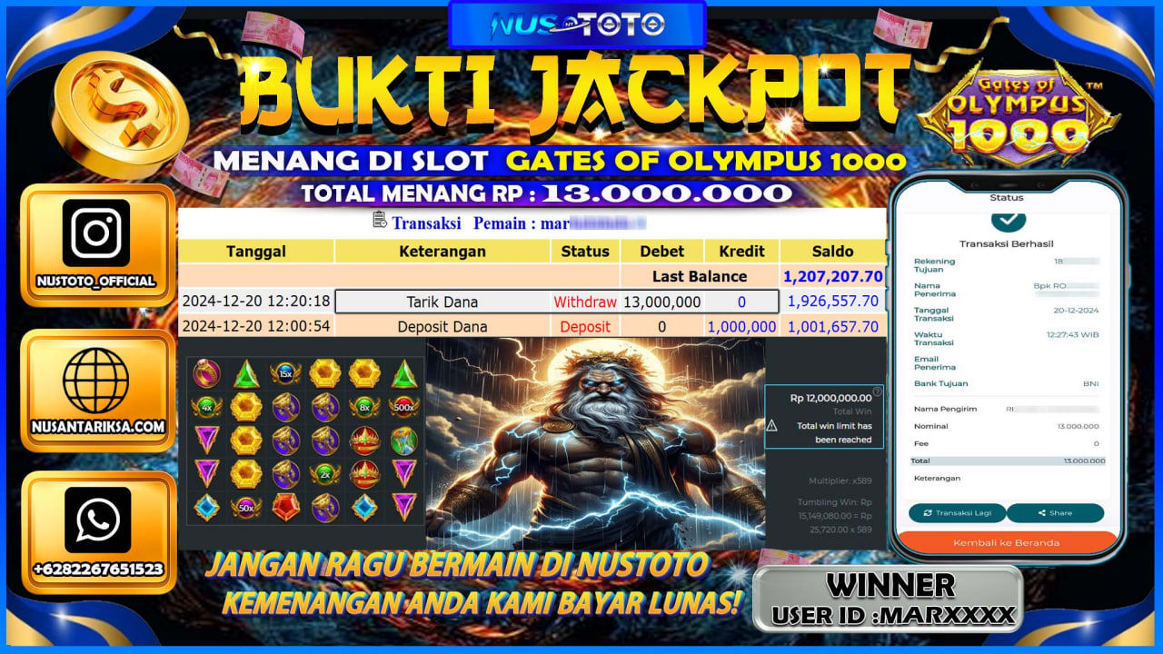 JACKPOT !! MENANG BESAR DI SLOT GATES OF OLYMPUS 1000 Rp.13.000.000 LANGSUNG DI BAYAR LUNAS NUSTOTO !!
