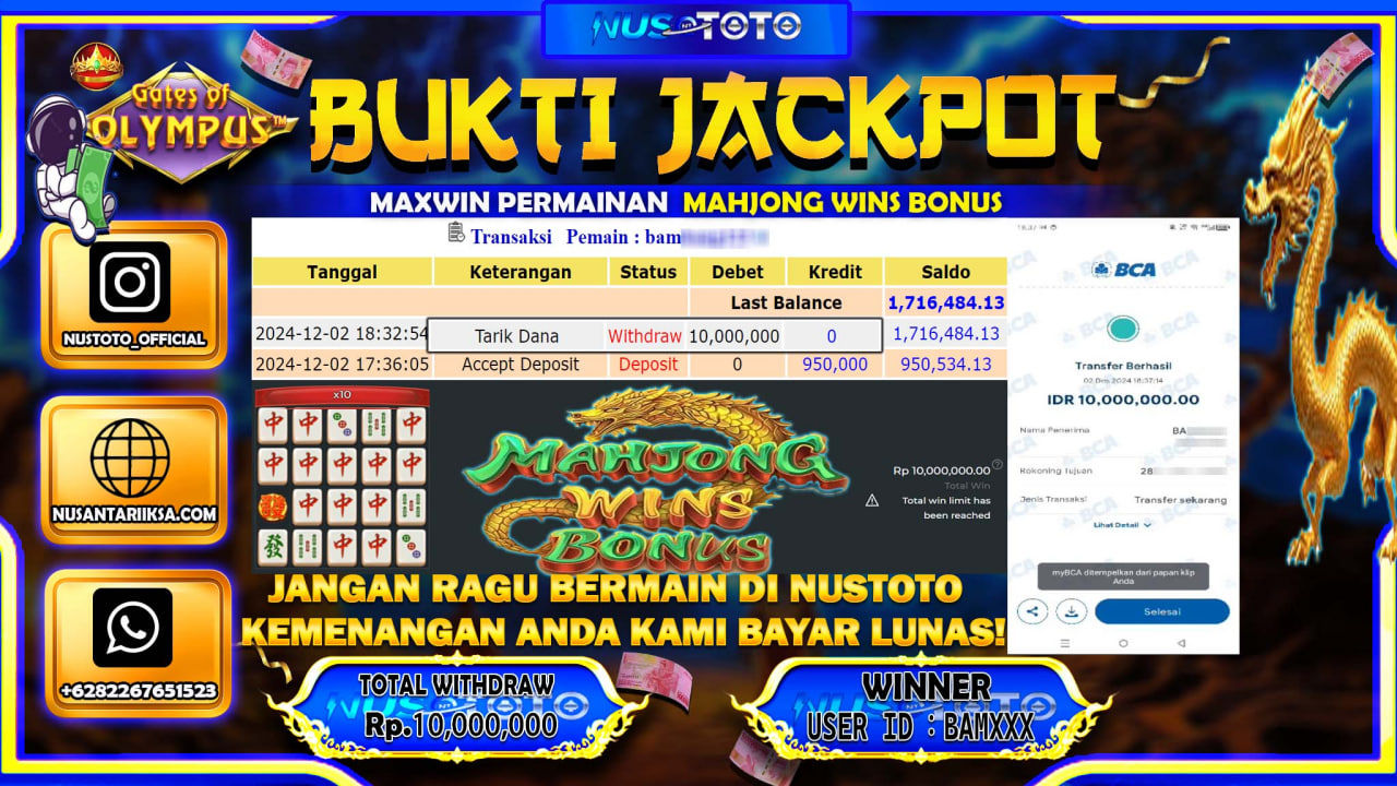 JACKPOT !! MENANG BESAR DI SLOT MAHJOONG WINS BONUS  Rp. 10.000.000 LANGSUNG DI BAYARLUNAS NUSTOTO !!