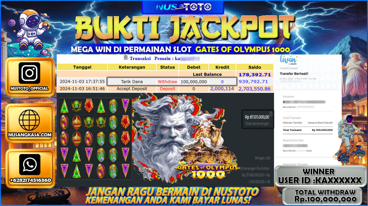 JACKPOT !! MENANG BESAR DI SLOT GATES OF OLYMPUS 1000 Rp.100.000.000 LANGSUNG DI BAYAR LUNAS NUSTOTO !!