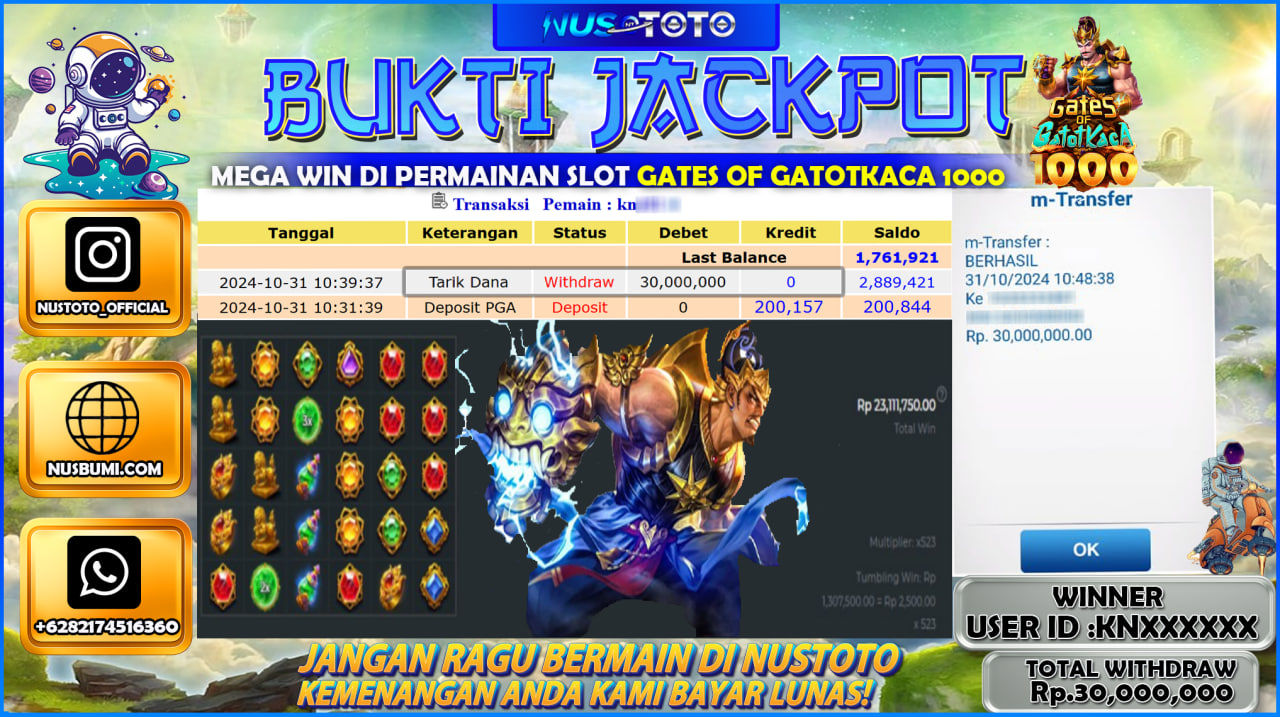JACKPOT !! MENANG BESAR DI SLOT GATES OF GATOTKACA 1000 Rp. 30.000.000 LANGSUNG DI BAYAR LUNAS NUSTOTO !!