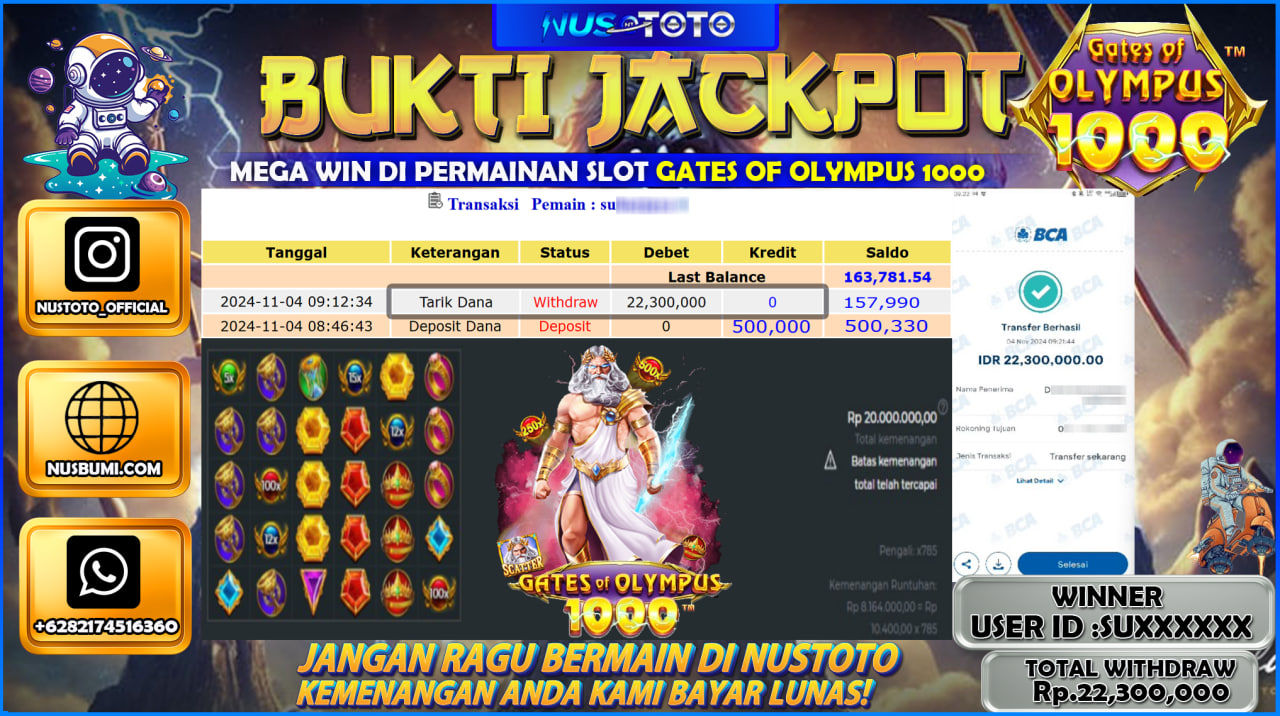 JACKPOT !! MENANG BESAR DI SLOT GATES OF OLYMPUS 1000 Rp.22.300.000 LANGSUNG DI BAYAR LUNAS NUSTOTO !!