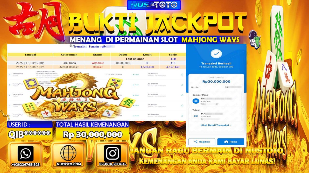 JACKPOT !! MENANG BESAR DI SLOT MAHJONG WAYS  Rp. 30.000.000 LANGSUNG DI BAYAR LUNAS NUSTOTO !!