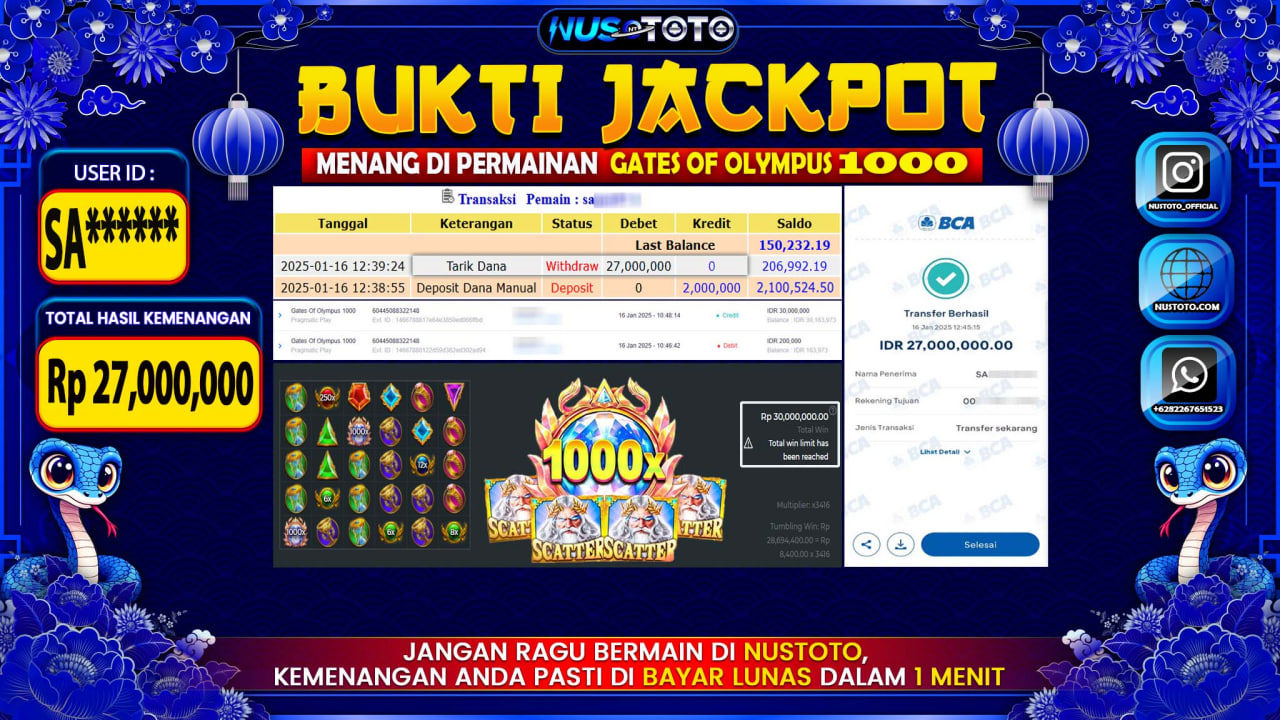 JACKPOT !! MENANG BESAR DI SLOT GATES OF OLYMPUS 1000 Rp. 27.000.000 LANGSUNG DI BAYAR LUNAS NUSTOTO !!