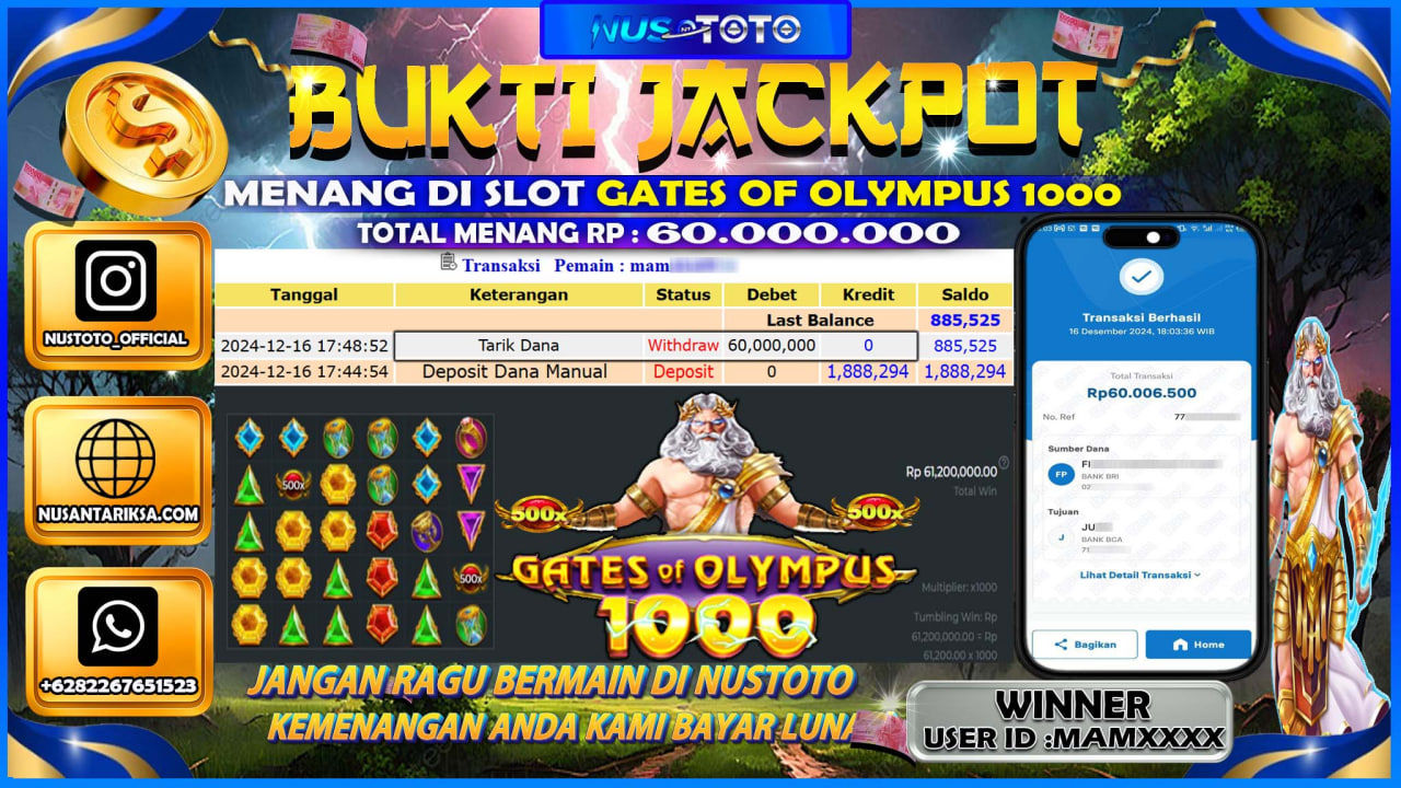 JACKPOT !! MENANG BESAR DI SLOT GATES OF OLYMPUS 1000 Rp.60.000.000 LANGSUNG DI BAYAR LUNAS NUSTOTO !!