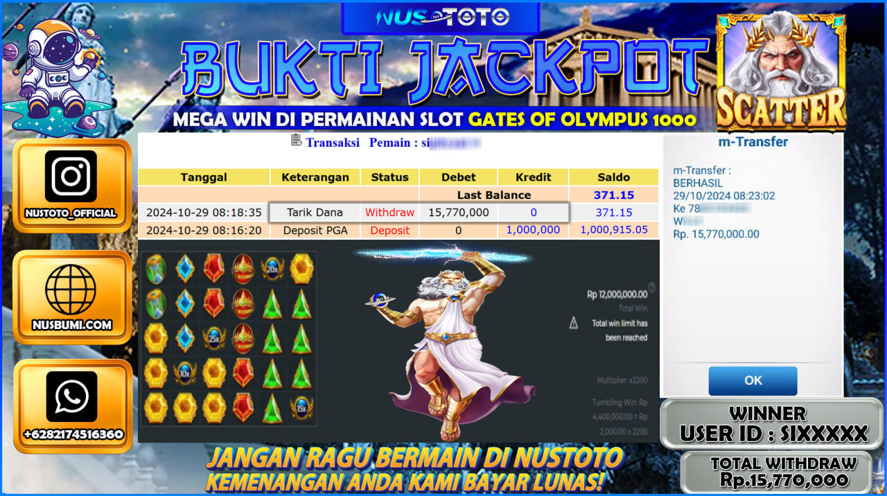 JACKPOT !! MENANG BESAR DI SLOT GATES OF OLYMPUS Rp. 15.770.000 LANGSUNG DI BAYAR LUNAS NUSTOTO !!
