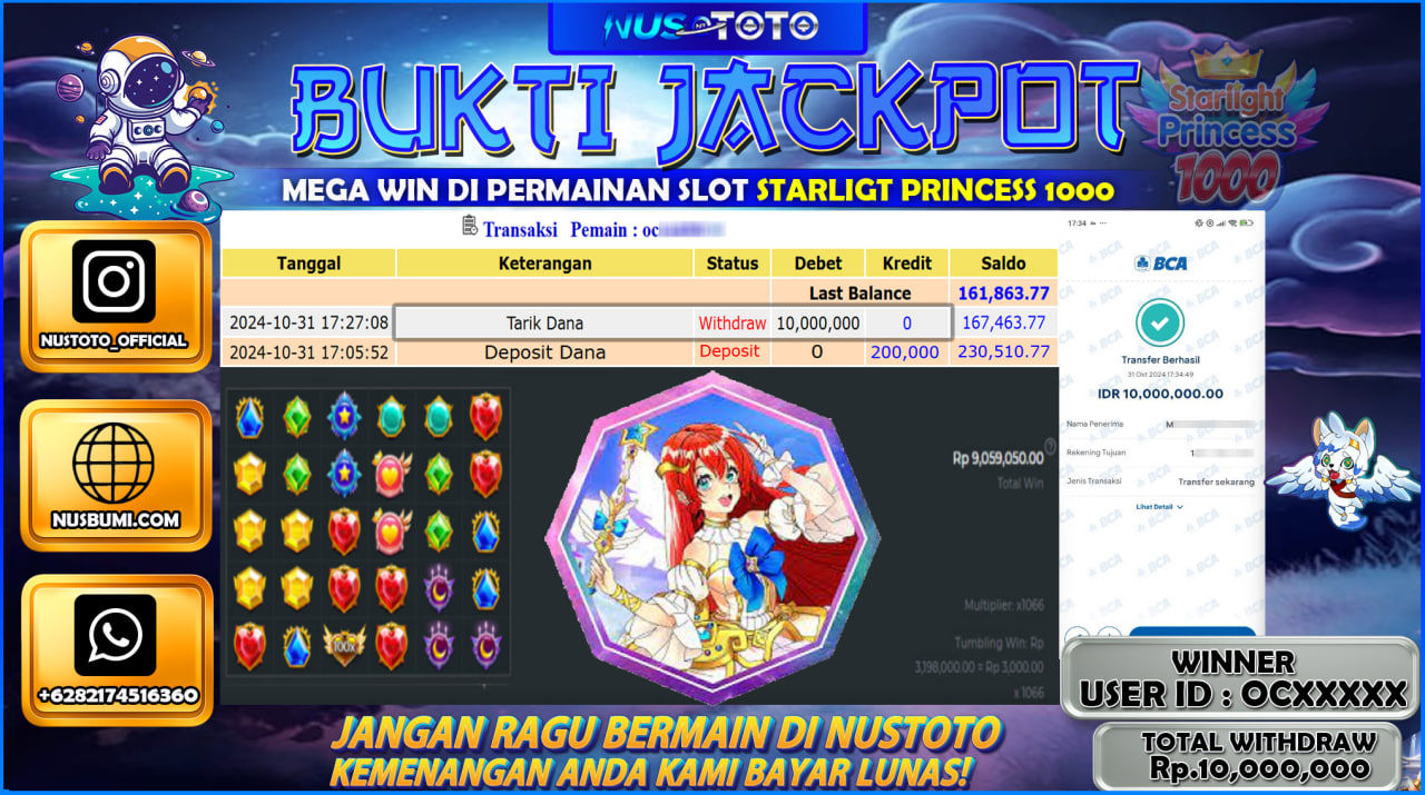 JACKPOT !! MENANG BESAR DI SLOT STARLIGHT PRINCESS 1000 Rp. 10.000.000 LANGSUNG DI BAYAR LUNAS NUSTOTO !!