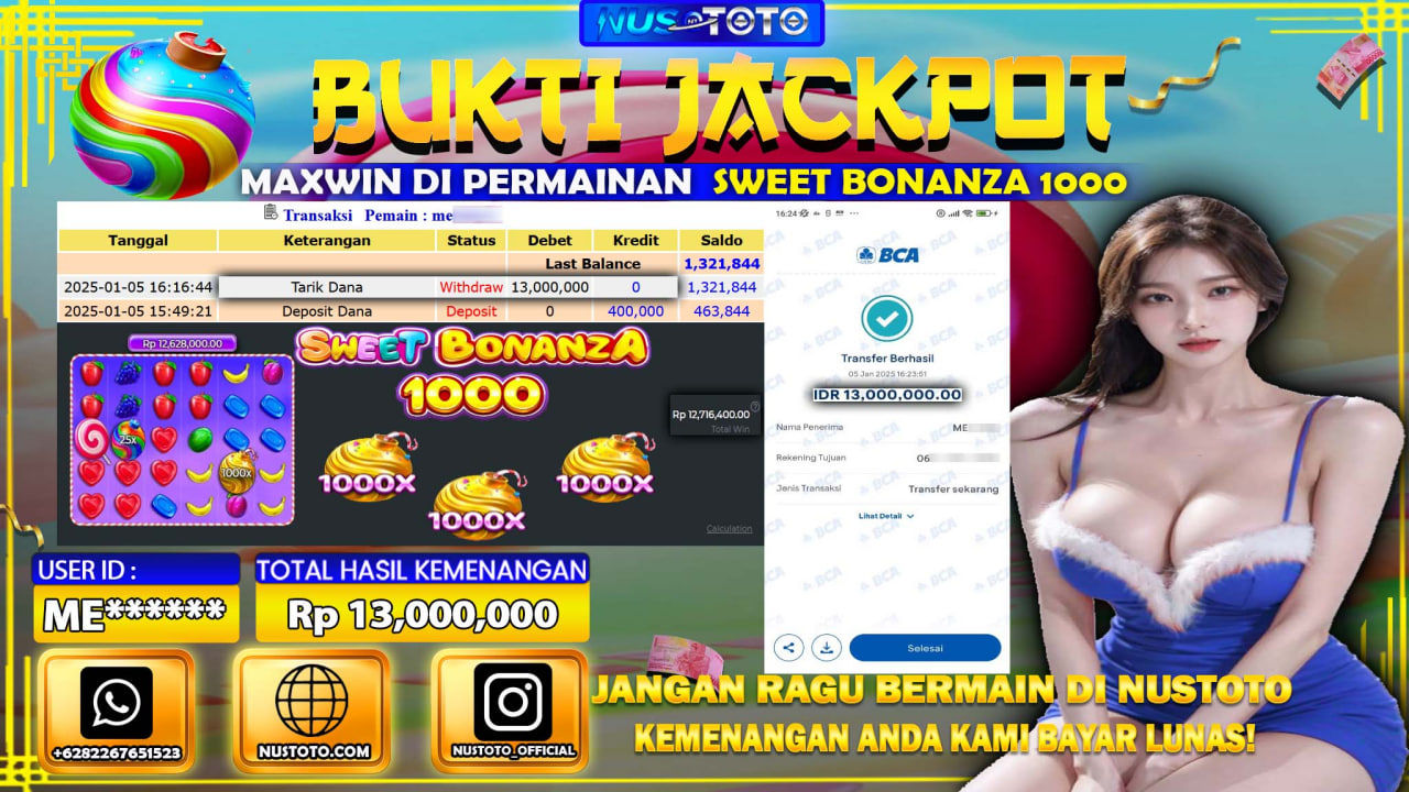 JACKPOT !! MENANG BESAR DI SLOT SWEET BONANZA 1000 Rp. 13.000.000 LANGSUNG DI BAYAR LUNAS NUSTOTO !!