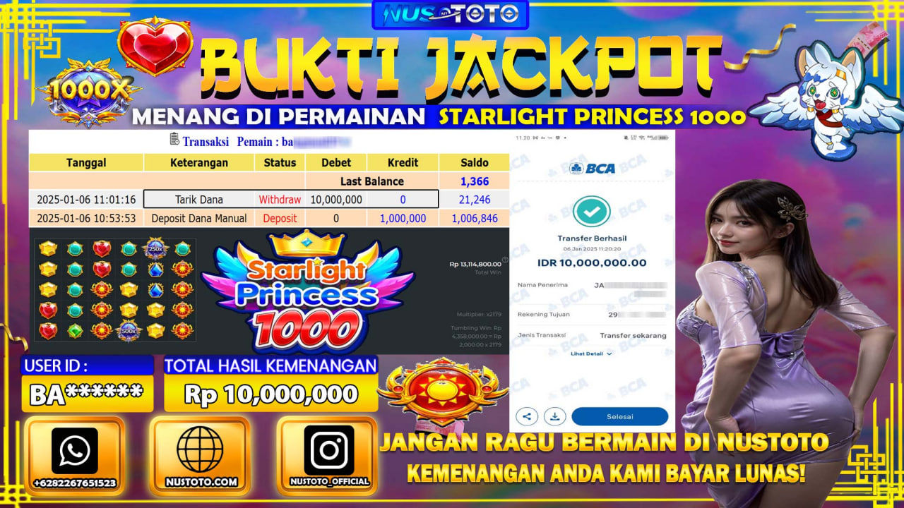 JACKPOT !! MENANG BESAR DI SLOT STARLIGHT PRINCESS 1000 Rp. 10.000.000 LANGSUNG DI BAYAR LUNAS NUSTOTO !!