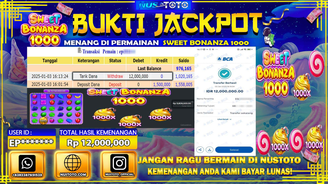 JACKPOT !! MENANG BESAR DI SLOT SWEET BONANZA 1000 Rp. 12.000.000 LANGSUNG DI BAYAR LUNAS NUSTOTO !!