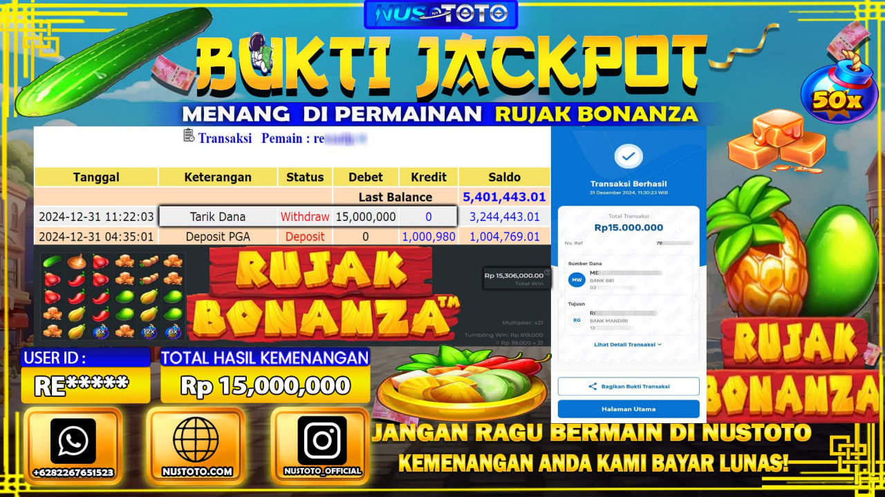 JACKPOT !! MENANG BESAR DI SLOT RUJAK BONANZA Rp. 15.000.000 LANGSUNG DI BAYAR LUNAS NUSTOTO !!