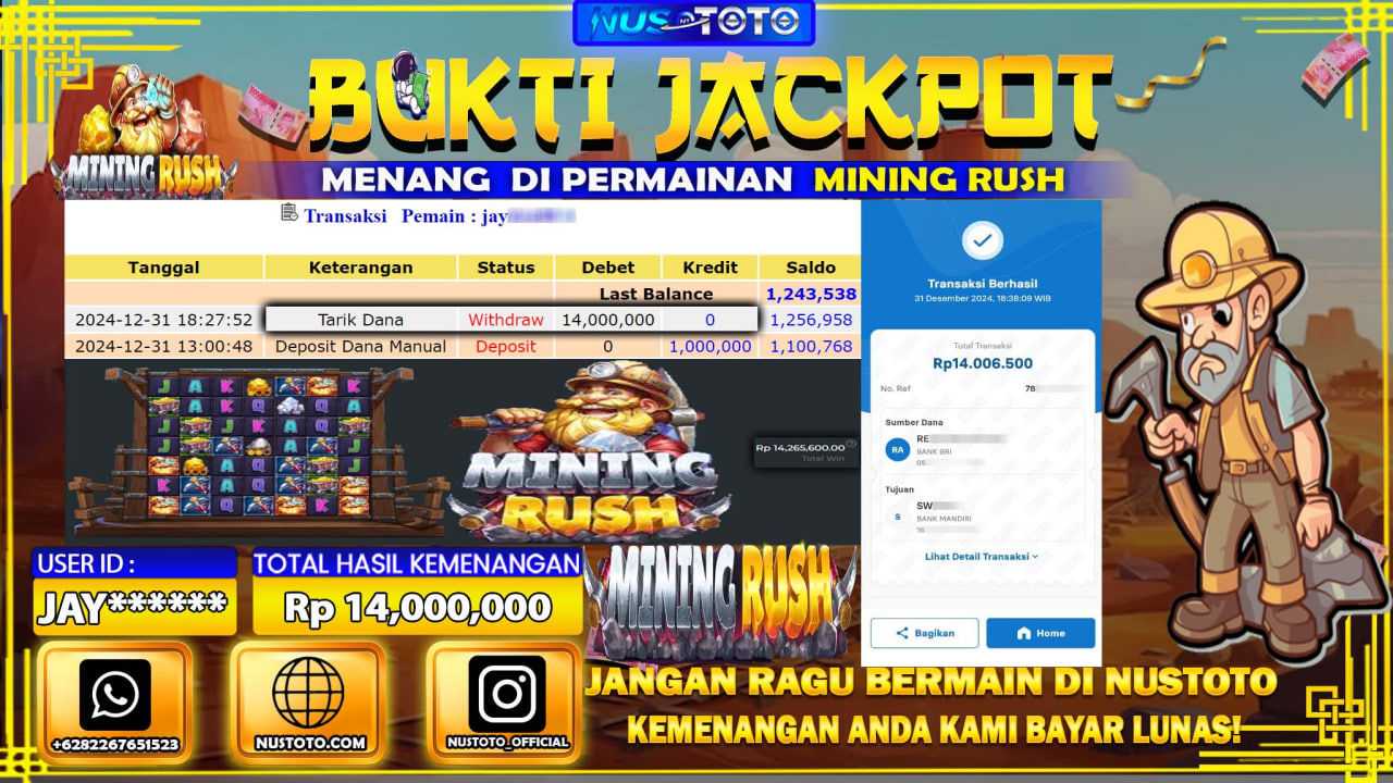 JACKPOT !! MENANG BESAR DI SLOT MINING RUSH Rp. 14.000.000 LANGSUNG DI BAYAR LUNAS NUSTOTO !!