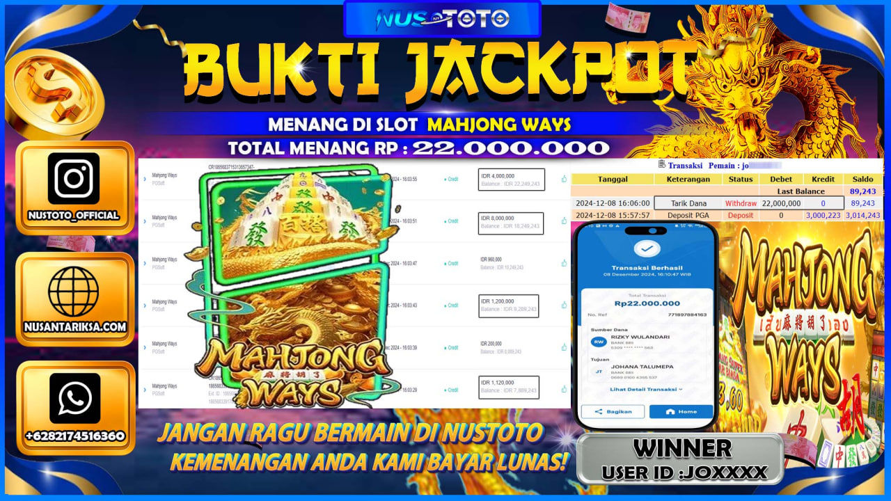 JACKPOT !! MENANG BESAR DI SLOT MAHJONG WAYS Rp.22.000.000 LANGSUNG DI BAYAR LUNAS NUSTOTO !!