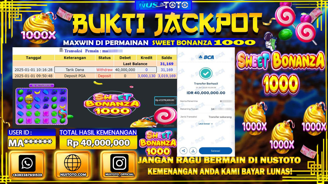 JACKPOT !! MENANG BESAR DI SLOT SWEET BONANZA 1000 Rp. 40.000.000 LANGSUNG DI BAYAR LUNAS NUSTOTO !!