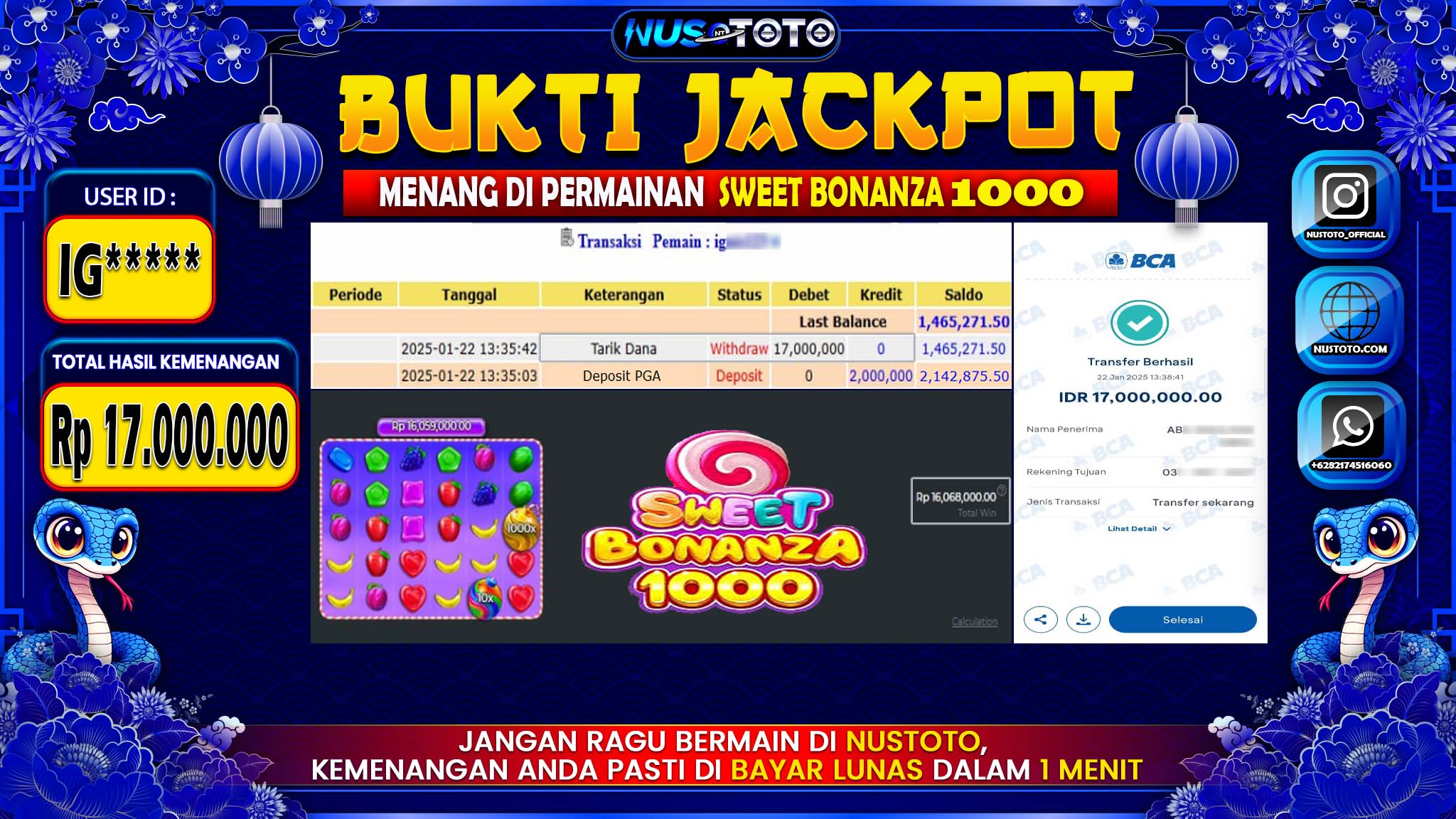 JACKPOT !! MENANG BESAR DI SLOT STARLIGHT PRINCESS 1000 Rp. 30.000.000 LANGSUNG DI BAYAR LUNAS NUSTOTO !!