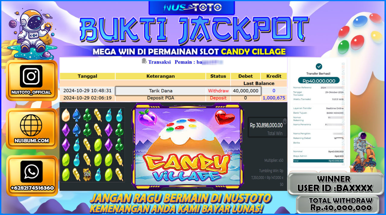 JACKPOT !! MENANG BESAR DI SLOT CANDY VILLAGE Rp. 40.000.000 LANGSUNG DI BAYAR LUNAS NUSTOTO !!
