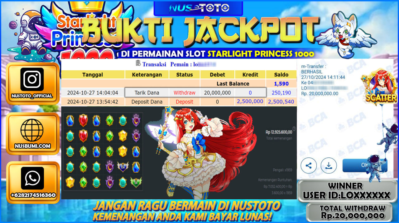 JACKPOT !! MENANG BESAR DI SLOT STARLIGHT PRINCESS  1000 Rp. 20.000.000 LANGSUNG DI BAYAR LUNAS NUSTOTO !!