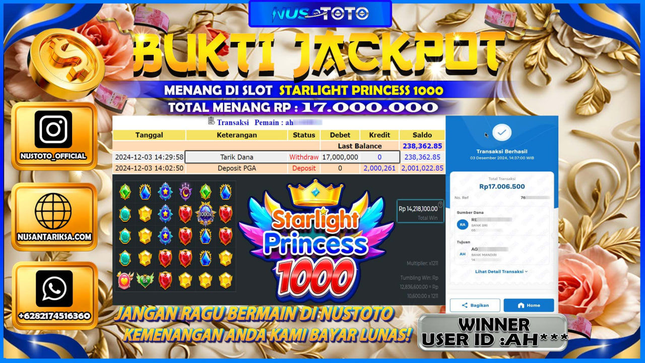 JACKPOT !! MENANG BESAR DI SLOT STARLIGHT PRINCESS 1000 Rp. 17.000.000 LANGSUNG DI BAYARLUNAS NUSTOTO !!