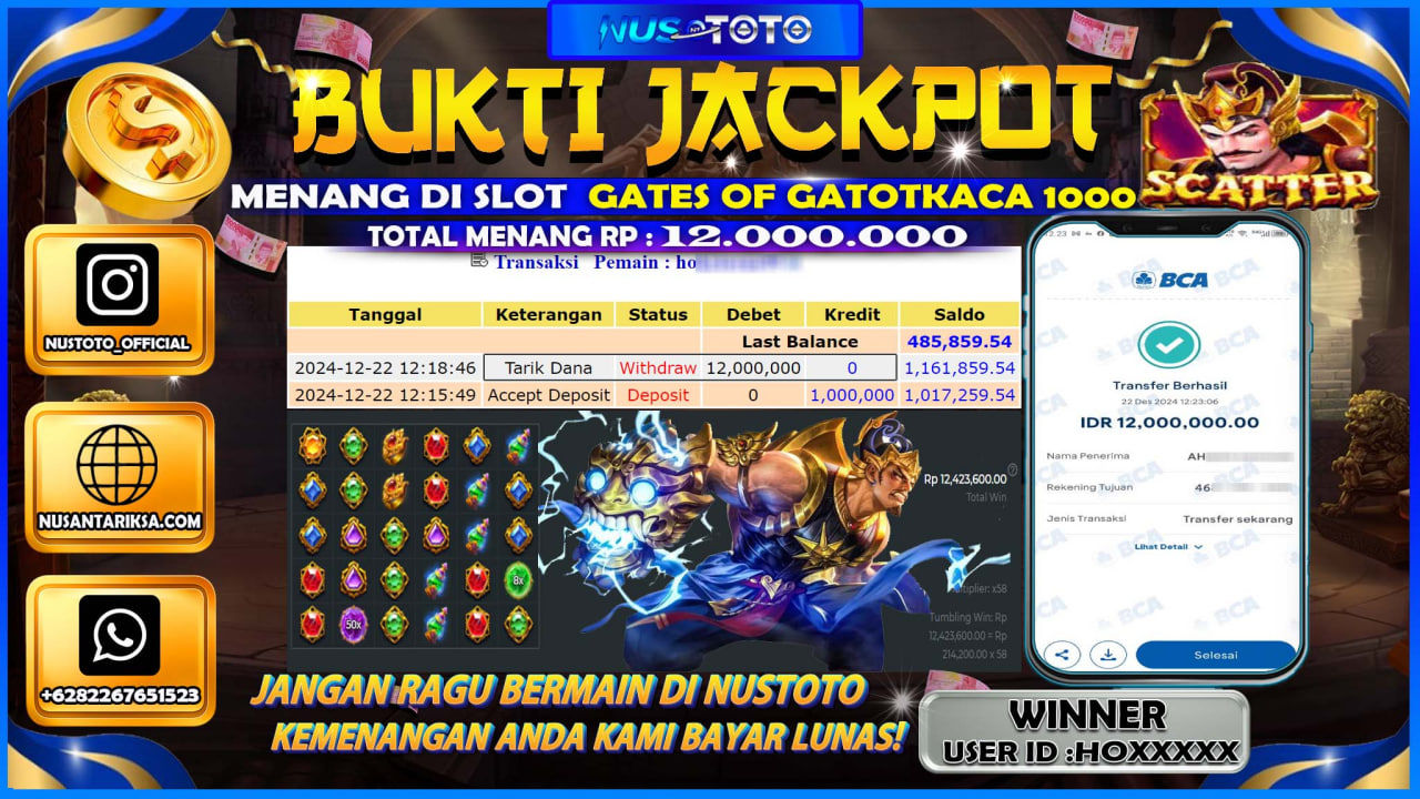 JACKPOT !! MENANG BESAR DI SLOT GATES OF GATOTKACA 1000 Rp.12.000.000 LANGSUNG DI BAYAR LUNAS NUSTOTO !!