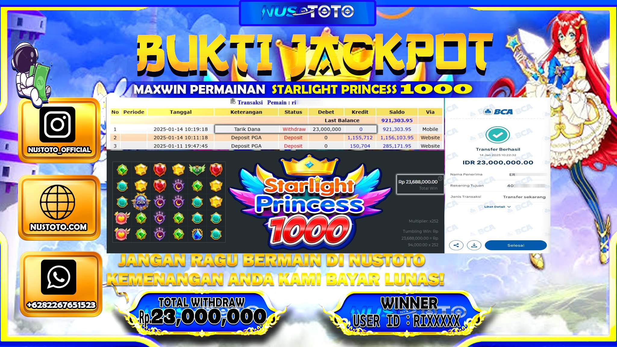 JACKPOT !! MENANG BESAR DI SLOT STARLIGHT PRINCESS 1000  Rp. 23.000.000 LANGSUNG DI BAYAR LUNAS NUSTOTO !!