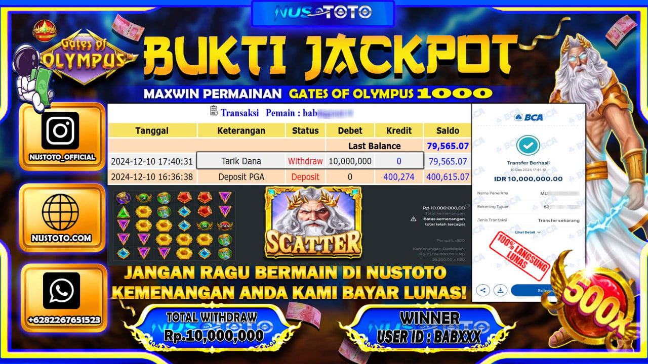 JACKPOT !! MENANG BESAR DI SLOT GATES OF OLYMPUS 1000 Rp.10.000.000 LANGSUNG DI BAYAR LUNAS NUSTOTO !!