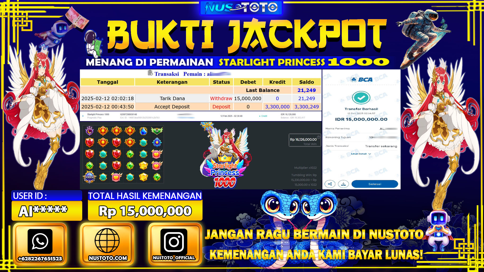 JACKPOT !! MENANG BESAR DI SLOT STARLIGHT PRINCESS 1000 Rp. 10.000.000 LANGSUNG DI BAYAR LUNAS NUSTOTO !!