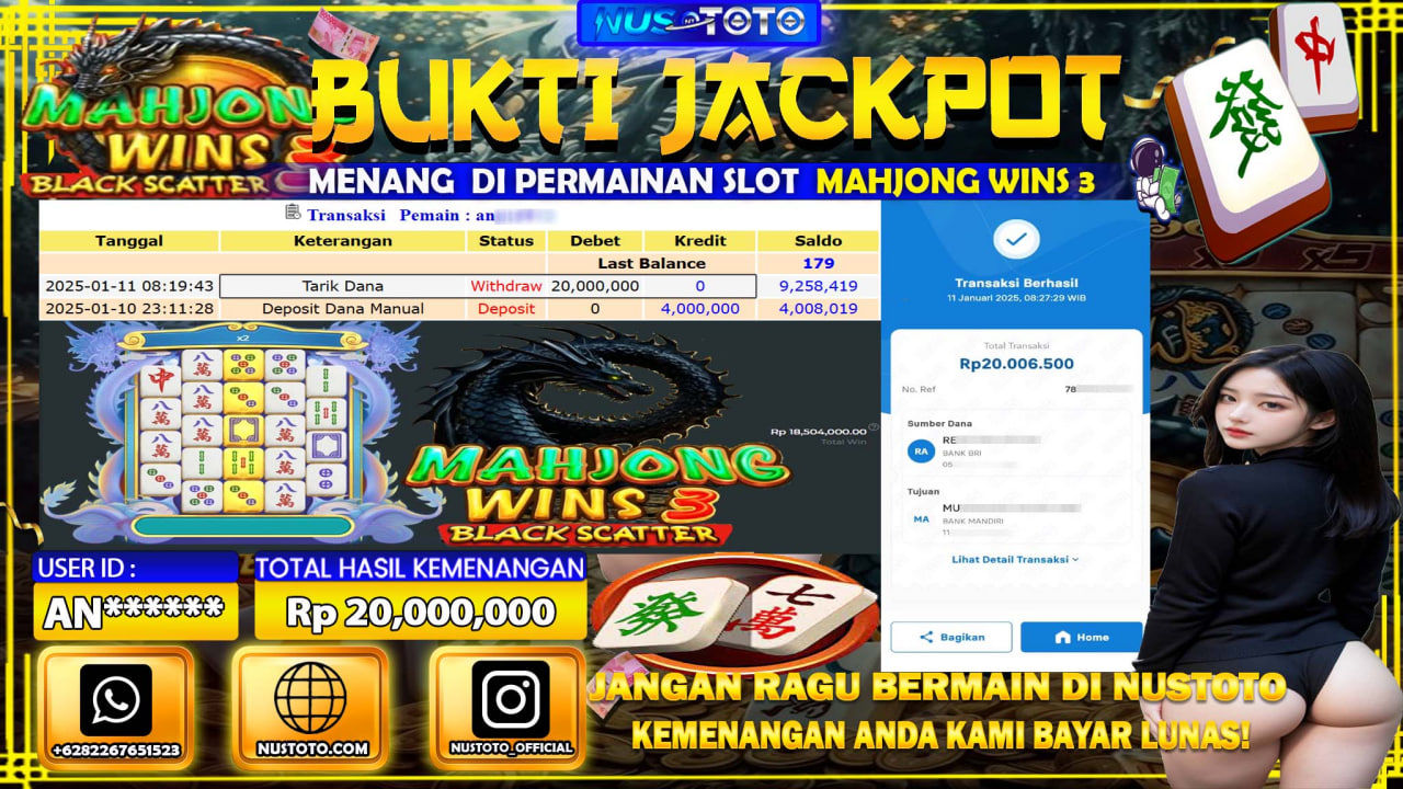 JACKPOT !! MENANG BESAR DI SLOT MAHJONG WINS 3  Rp. 20.000.000 LANGSUNG DI BAYAR LUNAS NUSTOTO !!