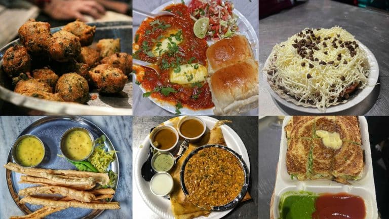 A collage of various street food dishes, including bhajiya, vada pav, pizza, dosa, and sandwiches.
