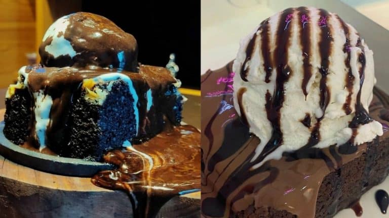 Two images of chocolate brownie desserts.