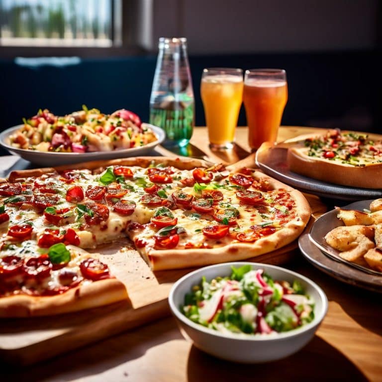 Delicious spread with pizza, French fries, and cold drinks