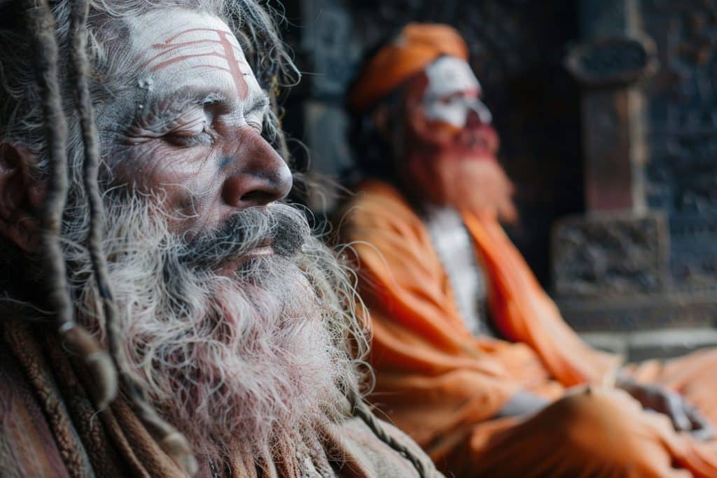 Explore Varanasi's Top Tourist Spots | Must-See Attractions and Local Delicacies! 3 two old sad brahmans with traditional face paint and long hair sitting in the background of an ancient temple at Kailash